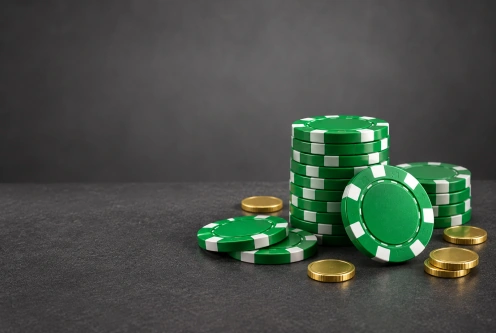 Fichas verdes e pequenos tokens dourados sobre mesa cinza