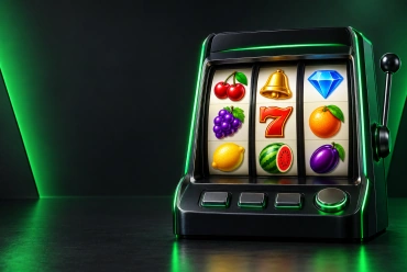 Rolos de slot com frutas e gemas sobre fundo cinza-escuro
